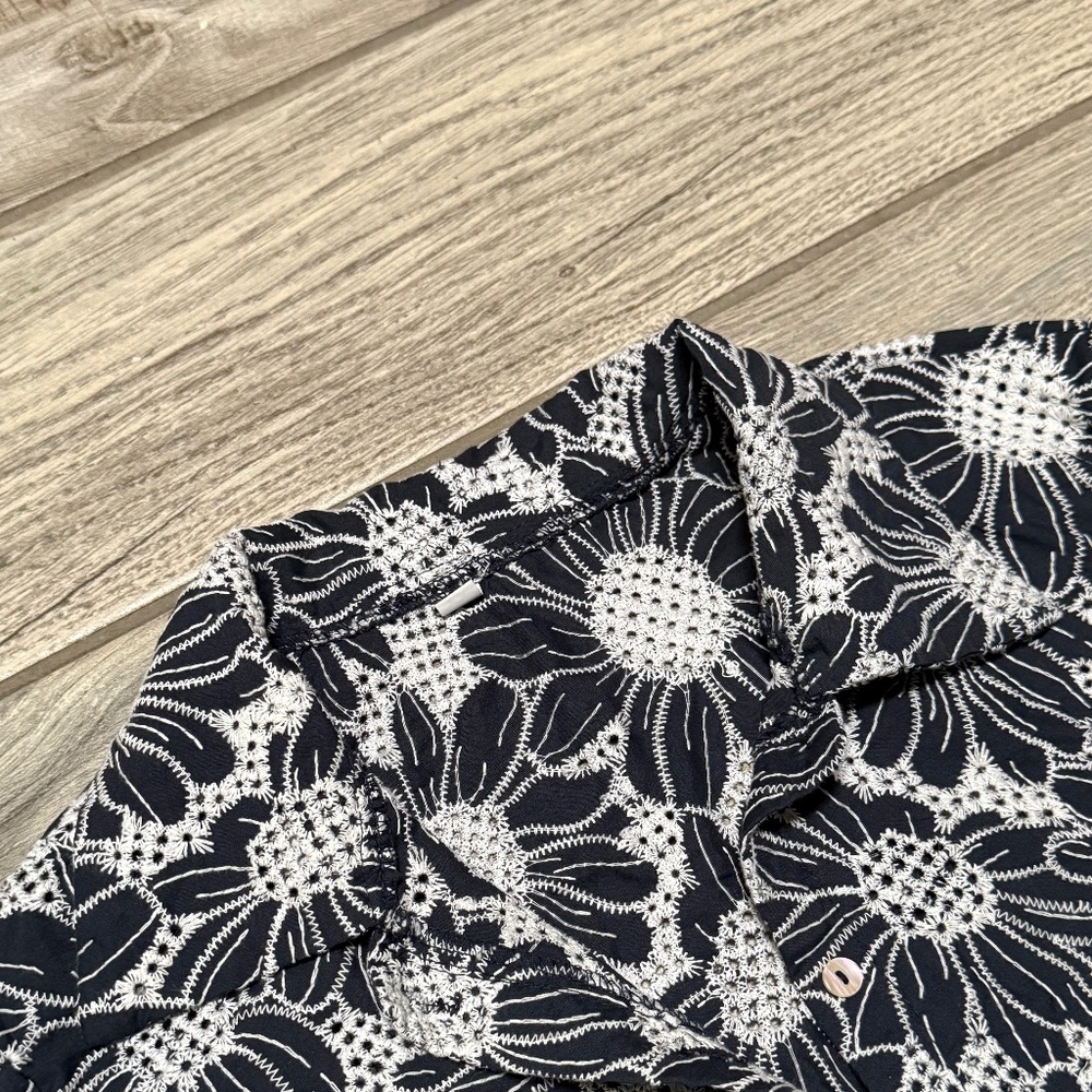 navy sunflower embroidered scalloped cropped long sleeve women s button up